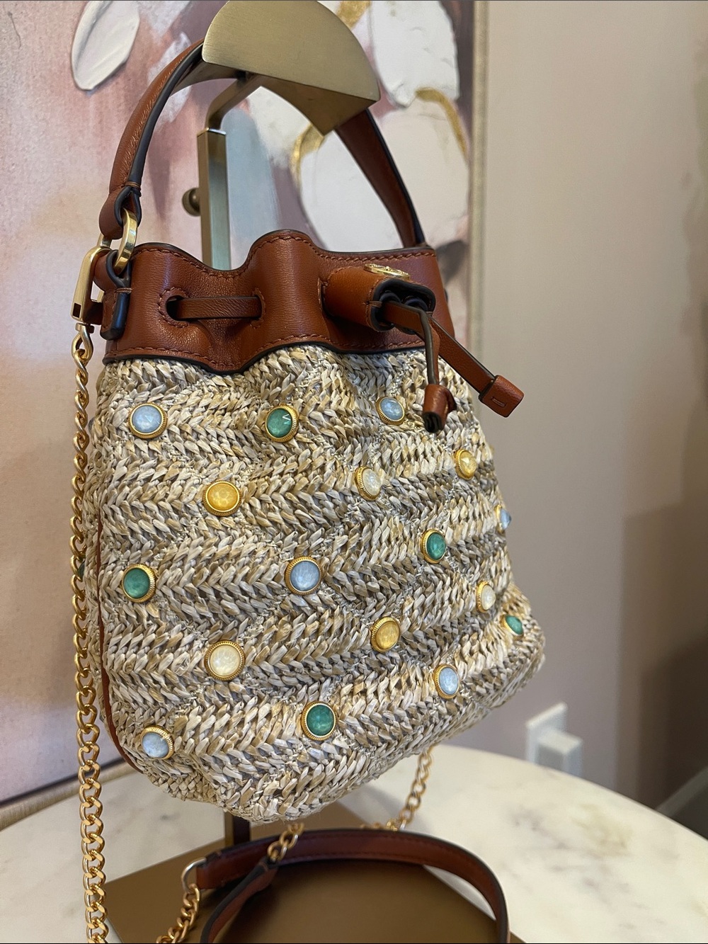 NWOT Tory Burch Brown Leather & Natural Straw Crossbody Bag with Jewels - Picture 4 of 8
